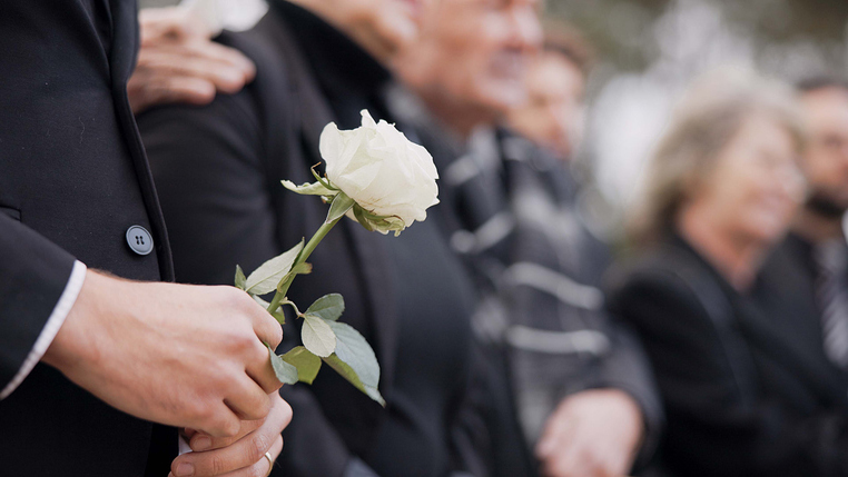 Hands, rose and a person at a funeral in a cemetery in grief while mourning loss at a memorial service. Death, flower and an adult in a suit at a graveyard in a crowd for an outdoor burial closeup